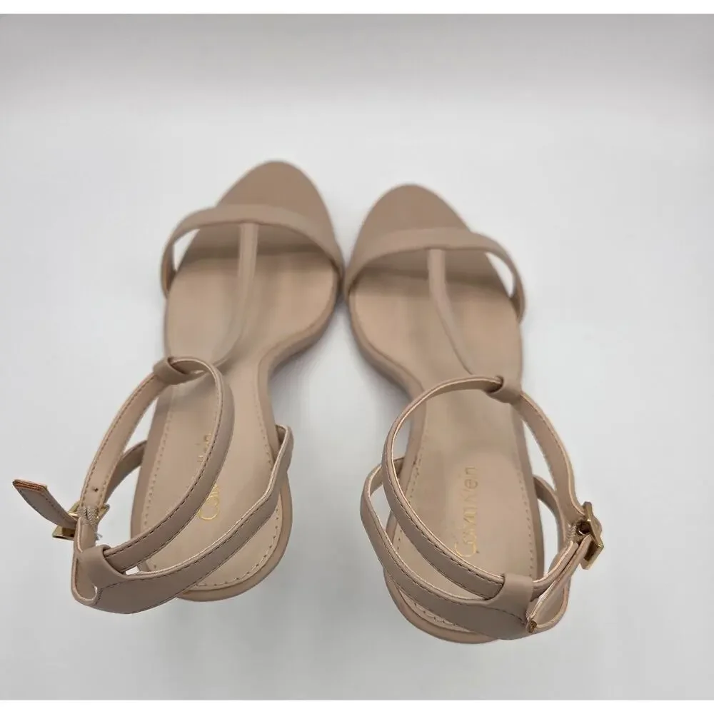 NEW IN BOX Calvin Klein Lola T-Strap Heels Nude Beige Strappy Sandal 9.5 NIB